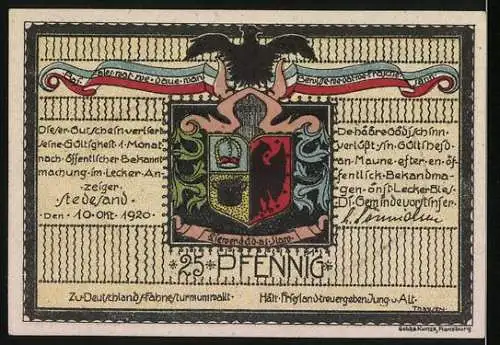 Notgeld Friedrichstadt, 1920, 25 Pfennig, Haus mit Gänsen und Wappen mit Adler