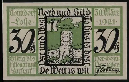 Notgeld Tonndorf-Lohe, 1921, 30 Pf, Alter Grenzstein mit Inschrift und Spruch De Welt is wit auf grünem Hintergrund