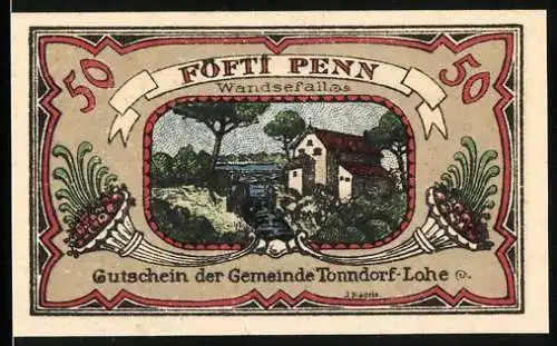 Notgeld Tonndorf-Lohe, 1921, 50 Pfennig, Gutschein der Gemeinde Tonndorf-Lohe mit Haus und Landschaftsmotiv