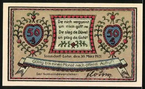 Notgeld Tonndorf-Lohe, 1921, 50 Pfennig, Gutschein der Gemeinde Tonndorf-Lohe mit Haus und Landschaftsmotiv