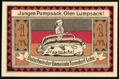 Notgeld Tonndorf-Lohe, 1921, 1 Mark, Jungen Pumpsack, Olen Lumpsack, Rückseite mit Eulen und Spruch