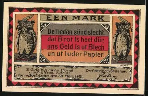 Notgeld Tonndorf-Lohe, 1921, 1 Mark, Jungen Pumpsack, Olen Lumpsack, Rückseite mit Eulen und Spruch