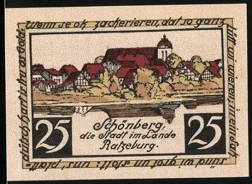 Notgeld Schönberg, 1923, 25 Pfennig, die Stadt im Lande Ratzeburg, Gebäudeansicht und Text auf Rückseite