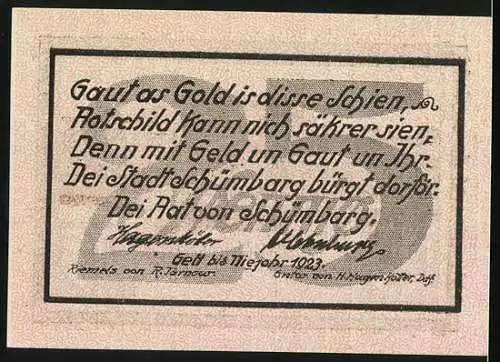 Notgeld Schönberg, 1923, 25 Pfennig, die Stadt im Lande Ratzeburg, Gebäudeansicht und Text auf Rückseite