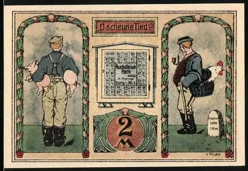 Notgeld Tonndorf-Lohe, 1921, 2 Mark, Bauer mit Schwein und Huhn, humorvoller Text in plattdeutsch