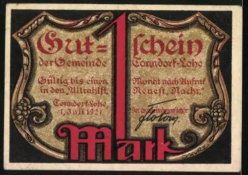 Notgeld Torgau, 1921, 1 Mark, Justitia mit Waage und Schwert, Gültig bis einer in den Umlaufhilfen