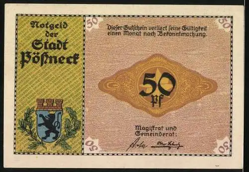 Notgeld Pössneck, 50 Pfennig, Darstellung von Setzern in einer Druckerei, Stadtwappen auf der Rückseite