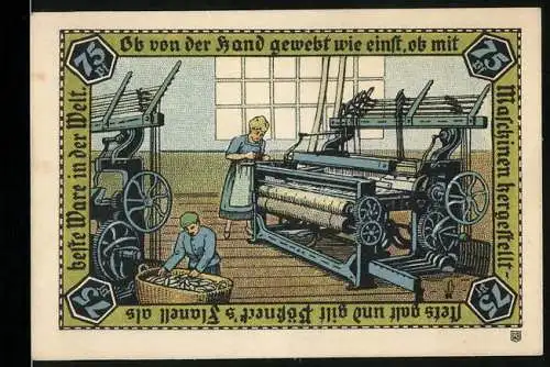 Notgeld Pössneck, 75 Pfennig, Weberei-Szene mit Maschinen und Arbeitern, Stadtwappen und Unterschriften
