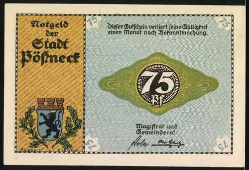 Notgeld Pössneck, 75 Pfennig, Weberei-Szene mit Maschinen und Arbeitern, Stadtwappen und Unterschriften