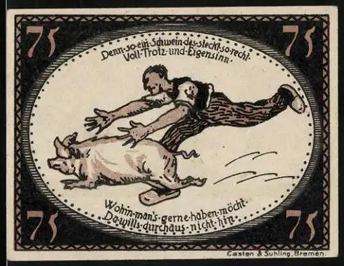 Notgeld Diepholz, 1921, 75 Pfennig, Illustration eines Mannes und Schweins auf der Vorderseite, Turm und Ortsnamen auf d
