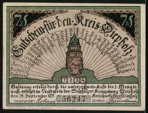 Notgeld Diepholz, 1921, 75 Pfennig, Illustration eines Mannes und Schweins auf der Vorderseite, Turm und Ortsnamen auf d