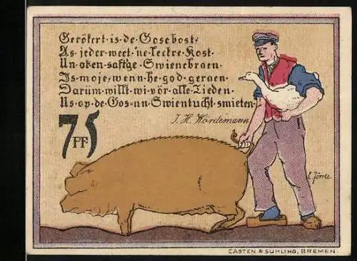 Notgeld Diepholz, 1921, 75 Pfennig, Mann mit Gans und Schwein, Schloss Diepholz Hintergrund