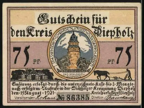 Notgeld Diepholz, 1921, 75 Pfennig, Mann mit Gans und Schwein, Schloss Diepholz Hintergrund