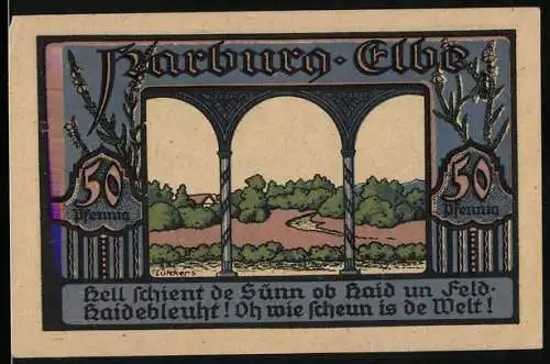 Notgeld Harburg-Elbe, 1921, 50 Pfennig, Landschaftsansicht und Gebäude der Kreissparkasse