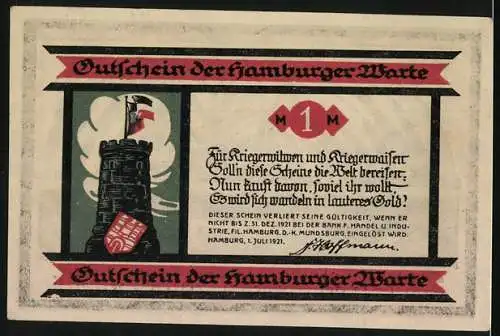 Notgeld Hamburg 1921, 1 Mark, Soldatengrab und Turm mit Flagge, Gutschein der Hamburger Warte