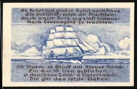 Notgeld Blankenese, 1921, 10 Pfennig, Segelschiff und patriotische Verse