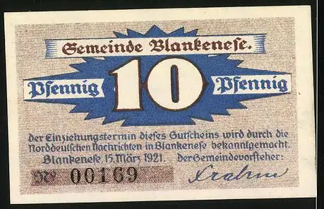 Notgeld Blankenese, 1921, 10 Pfennig, Segelschiff und patriotische Verse