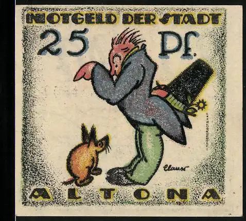 Notgeld Altona, 1921, 25 Pf, humorvolle Illustration mit Mann und Hund, Rückseite mit Text und Wappen
