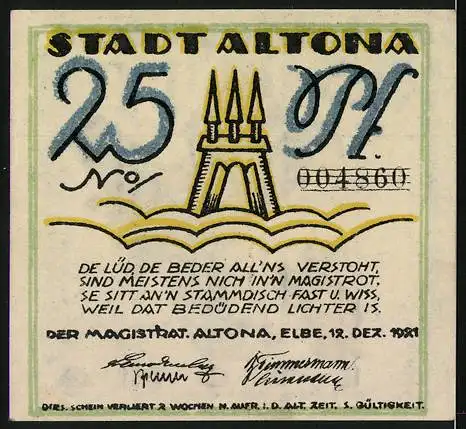 Notgeld Altona, 1921, 25 Pf, humorvolle Illustration mit Mann und Hund, Rückseite mit Text und Wappen