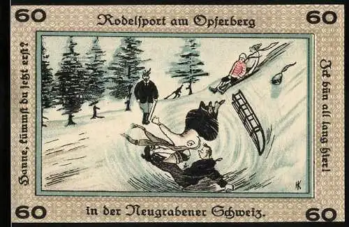 Notgeld Neugraben-Hausbruch 1921, 60 Pfennig, Rodelsport am Opferberg in der Neugrabener Schweiz, Seriennummer 016398