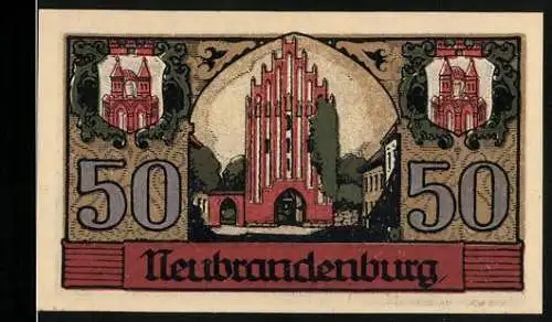 Notgeld Neubrandenburg 1921, 50 Pfennig, Vorderseite mit Kirche und Wappen, Rückseite mit Stadtansicht und Seriennummer