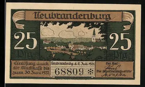 Notgeld Neubrandenburg 1921, 25 Pfennig, Stadtansicht und Belvedere Abbildung