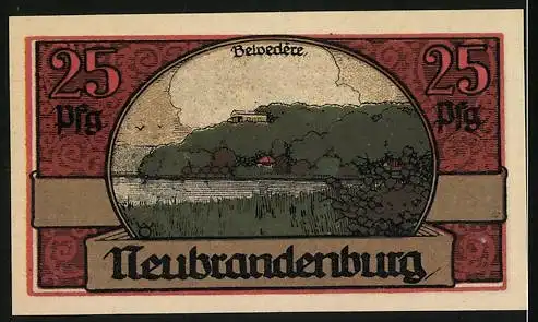 Notgeld Neubrandenburg 1921, 25 Pfennig, Stadtansicht und Belvedere Abbildung