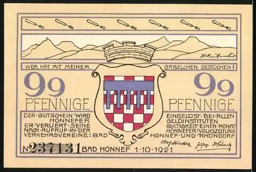 Notgeld Bad Honnef, 1921, 99 Pfennige, Alte Kapelle und Dorfeingang in Rhöndorf, Seriennummer 237131