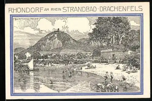 Notgeld Bad Honnef 1921, 50 Pfennig, Rhöndorf am Rhein Strandbad Drachenfels Illustration