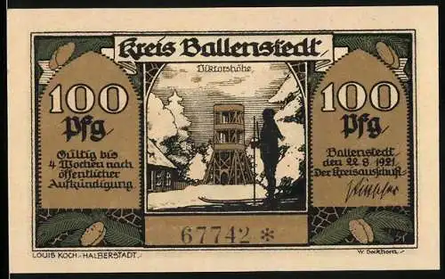 Notgeld Ballenstedt, 1921, 100 Pfennig, Vorderseite mit Viktorshöhe und Rückseite mit Zwergenkönig Muck