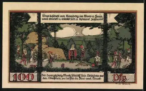 Notgeld Ballenstedt, 1921, 100 Pfennig, Vorderseite mit Viktorshöhe und Rückseite mit Zwergenkönig Muck