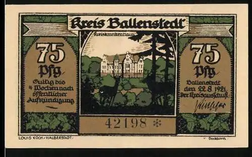 Notgeld Ballenstedt, 1921, 75 Pfennig, Abbildung von Kreiskrankenhaus und Waldarbeitern