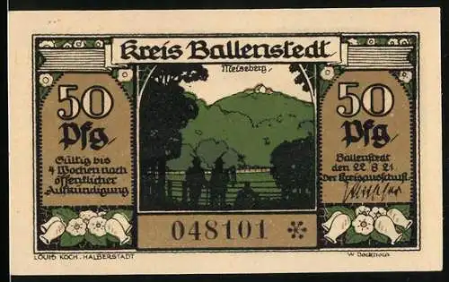 Notgeld Ballenstedt, 1921, 50 Pfennig, Illustration von Landschaft und Bergwerksszene