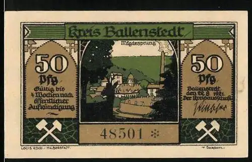 Notgeld Ballenstedt 1921, 50 Pfennig, Vorderseite: Mägdesprung, Rückseite: Szene mit Arbeitern auf dem Feld