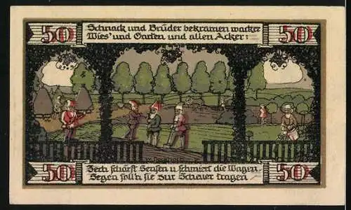Notgeld Ballenstedt 1921, 50 Pfennig, Vorderseite: Mägdesprung, Rückseite: Szene mit Arbeitern auf dem Feld