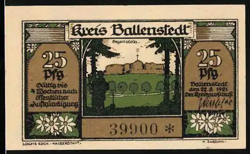 Notgeld Ballenstedt, 1921, 25 Pf, Vorderseite Kloster und Rückseite Marktszene mit Handwerkern