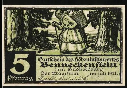 Notgeld Benneckenstein 1921, 5 Pfennig, Frau mit Korb im Wald und Gedicht auf Rückseite