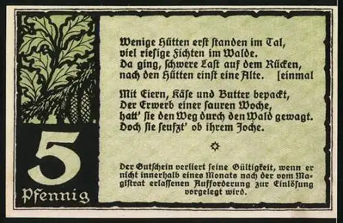 Notgeld Benneckenstein 1921, 5 Pfennig, Frau mit Korb im Wald und Gedicht auf Rückseite