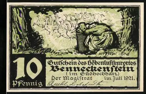 Notgeld Benneckenstein 1921, 10 Pfennig, Gutschein des Höhenluftkurortes im Südharz mit Landschafts-Illustration und G