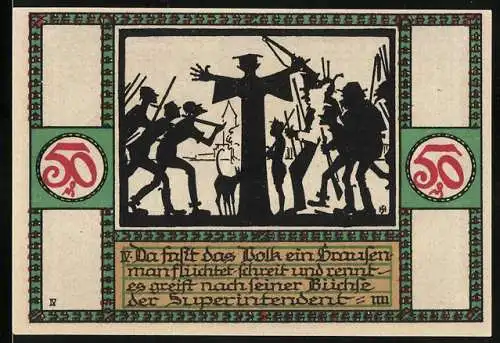 Notgeld Zörbig 1921, 50 Pfennig, Stadtansicht und Menschenmasse mit einer Autoritätsperson