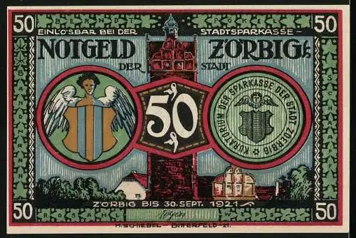 Notgeld Zörbig 1921, 50 Pfennig, Stadtansicht und Menschenmasse mit einer Autoritätsperson