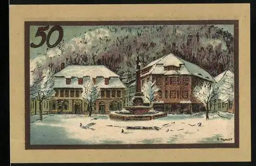 Notgeld Suhl, 50 Pfennig, Winterliche Stadtszene mit Brunnen und Fachwerkhäusern. Rückseite mit Stadtwappen und Text