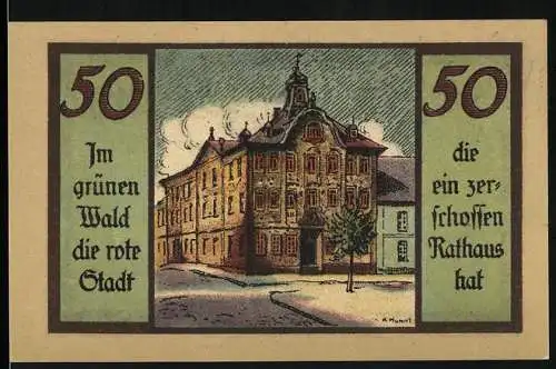 Notgeld Suhl, 50 Pfennig, Im grünen Wald die rote Stadt, Rathaus Illustration, 1920er Jahre