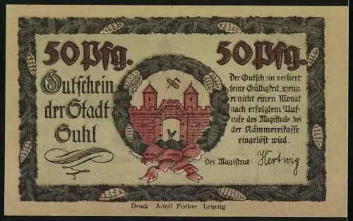 Notgeld Suhl, 50 Pfennig, Im grünen Wald die rote Stadt, Rathaus Illustration, 1920er Jahre