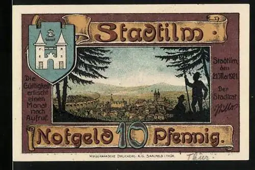 Notgeld Stadtilm, 1921, 10 Pfennig, Stadtansicht und arbeitende Männer