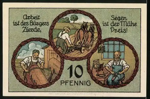 Notgeld Stadtilm, 1921, 10 Pfennig, Stadtansicht und arbeitende Männer