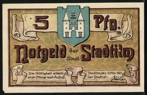 Notgeld Stadtilm, 1921, 5 Pfennig, Methfessel-Denkmal und Stadtwappen, Gültigkeit 1 Monat, 21. Mai 1921