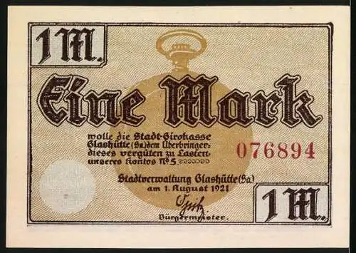 Notgeld Glashütte 1921, 1 Mark, Stadt-Girokasse Glashütte Konto No. 5 Rathaus Illustration