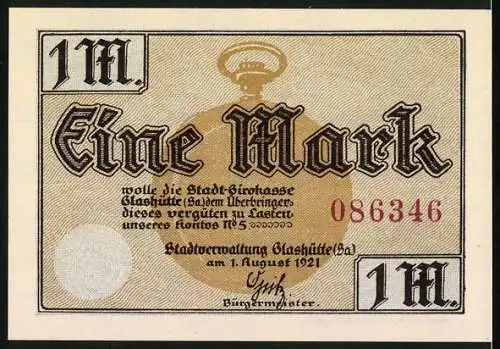 Notgeld Glashütte 1921, 1 Mark, Beste Präzisions-Arbeit, Stadt-Girokasse Glashütte, Konto 705, Seriennummer 086346