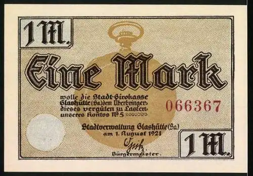 Notgeld Glashütte (Sa), 1921, 1 Mark, Stadt-Girokasse mit Deutscher Uhrmacherschule und Kontonummer